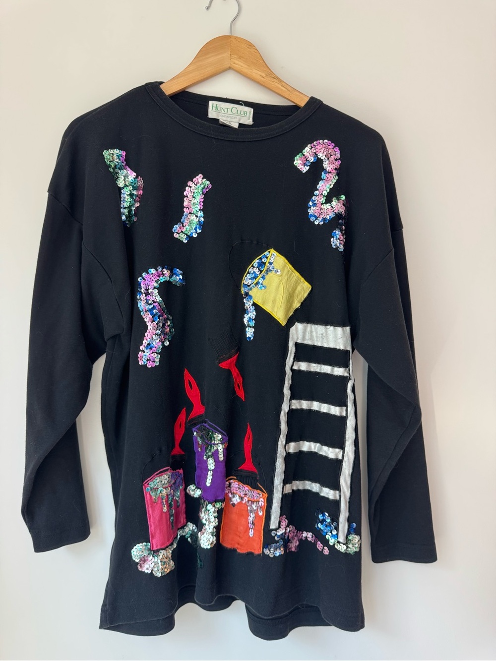 Vintage Hunt Club Woman 1X Black Paint Cans Ladder Sequined T-Shirt Top